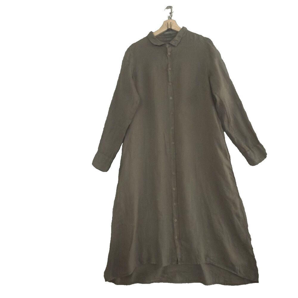 CP Shades Linen Midi Shirt Dress Womens M Army Green Long Sleeve Button Front